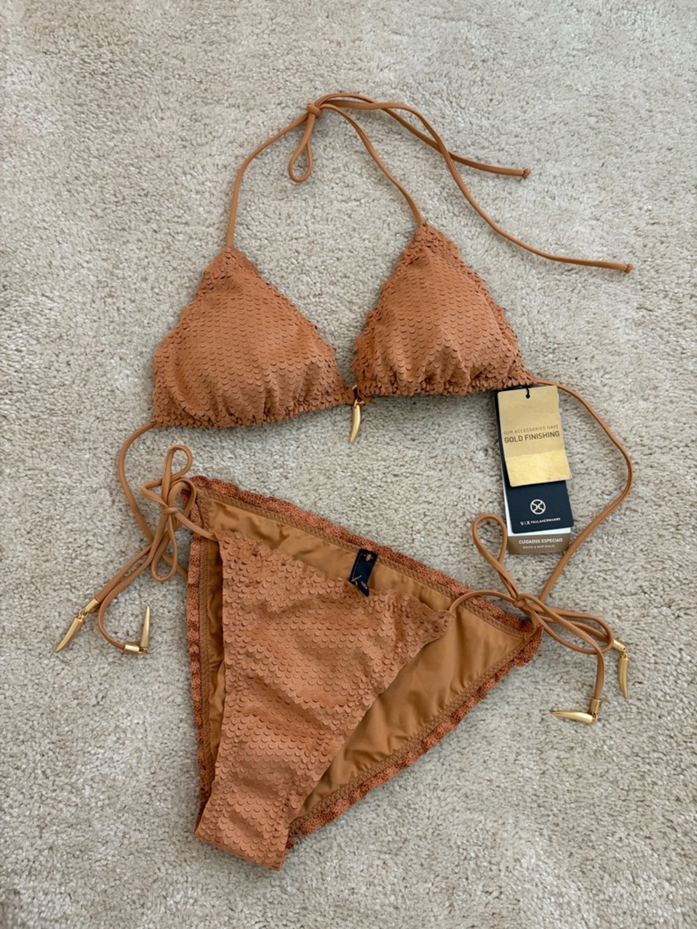 Vix Rust Brown Crochet Triangle Bikini with Gold Accents